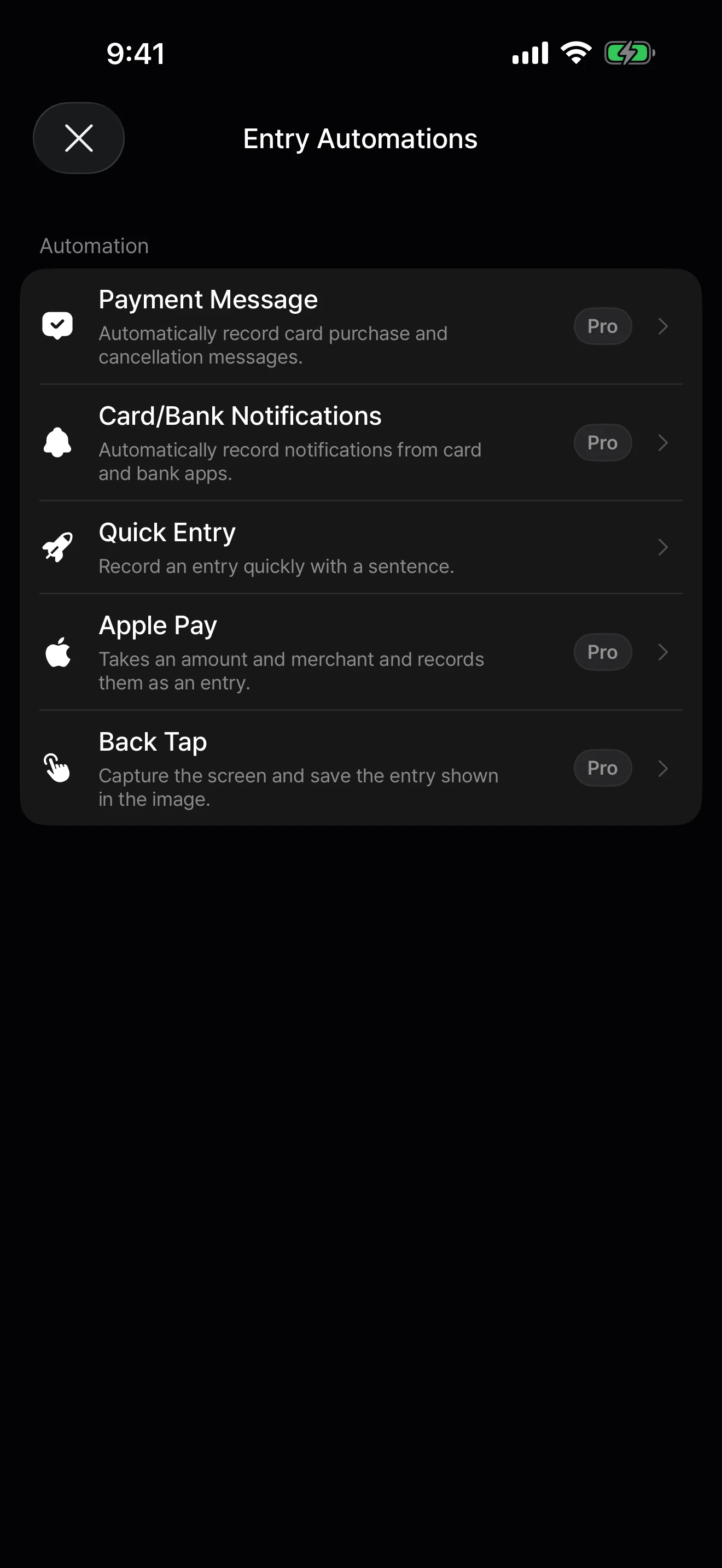 DonUp Entry Automations screen showing Payment Message, card and bank notifications, Quick Entry, Apple Pay, and Back Tap options with Pro labels.