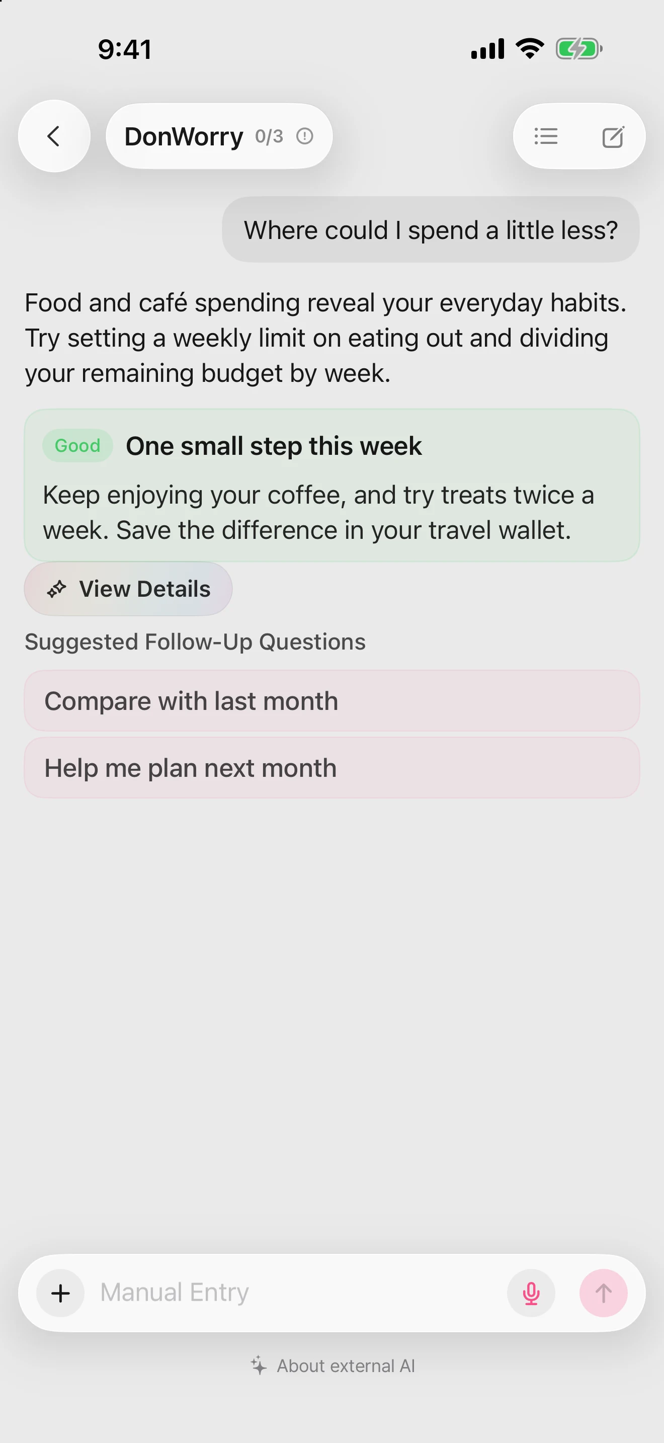DonUp DonWorry screen showing AI answers and suggestions based on the user’s budget.