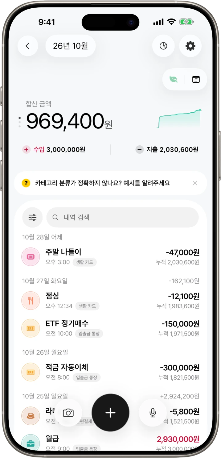 날짜별 지출과 수입이 정리된 DonUp 내역 샘플