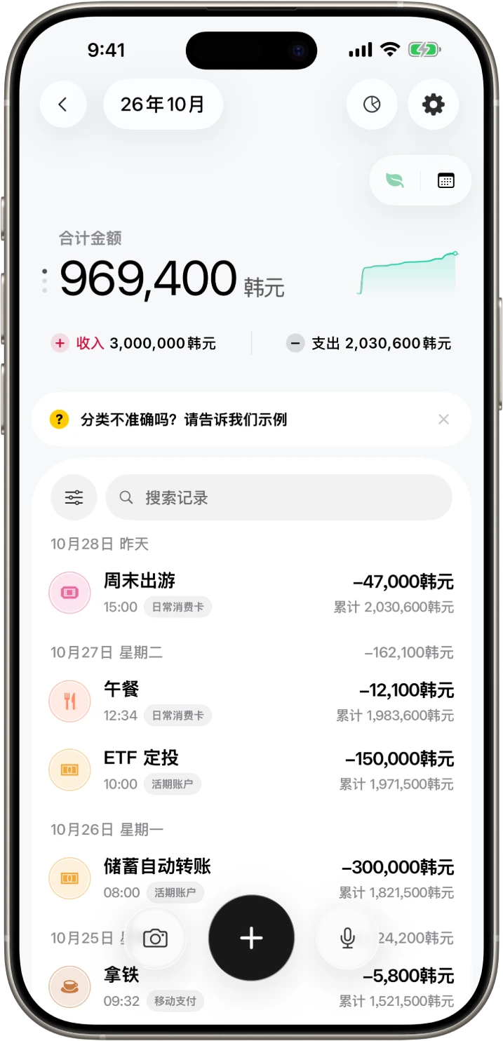 按日期整理的 DonUp 收支记录示例