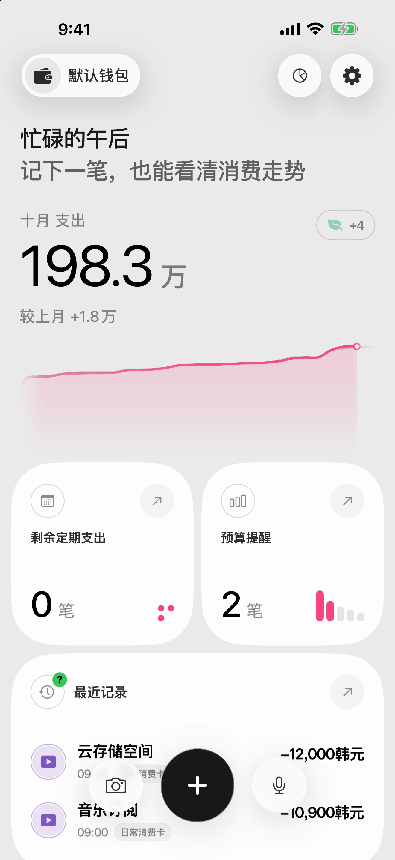 DonUp 首页界面，显示本月支出与上月对比的走势、剩余的定期支出和预算提醒，以及最近的记录。