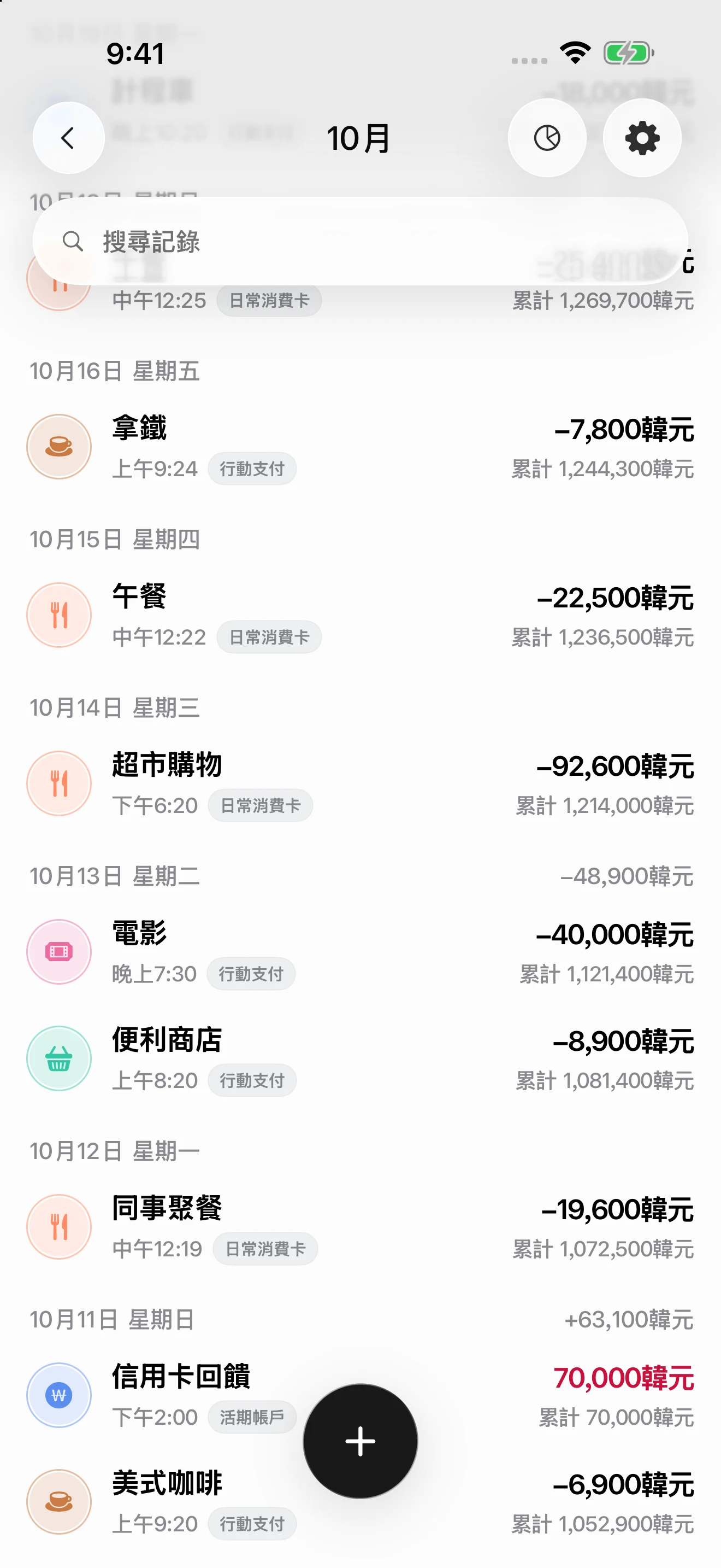 DonUp 記錄畫面，顯示依日期整理、附有分類圖示與金額的列表。