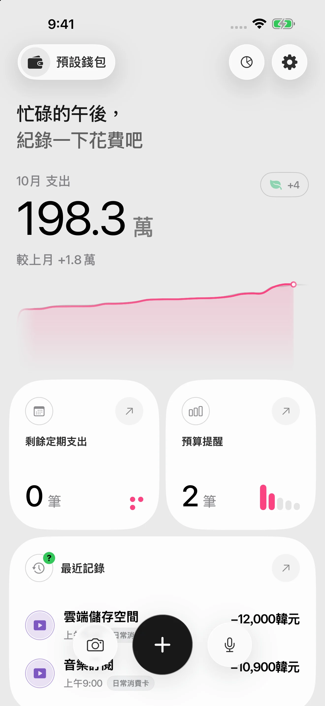 DonUp 首頁畫面，顯示本月支出與上月相比的走勢、剩餘的定期支出與預算提醒，以及最近的記錄。
